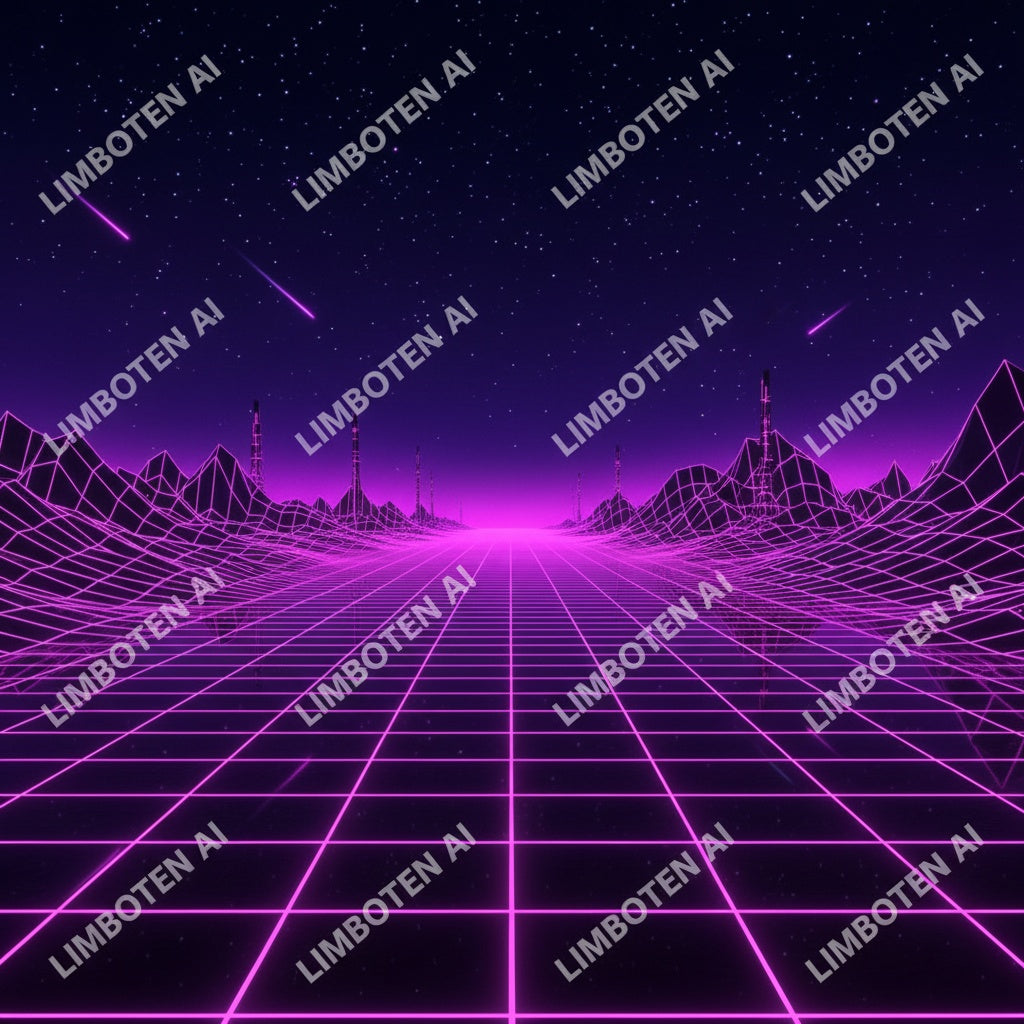 Synthwave Grid Lines Background | 80s Retro Digital Art with White Watermark