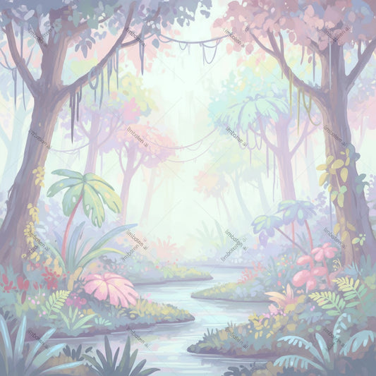 Misty Rainforest Print | Soft Palette Digital Art with Watermark