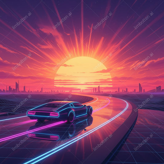Futuristic Car Glowing Sunset | Sci-Fi Digital Art with Watermark