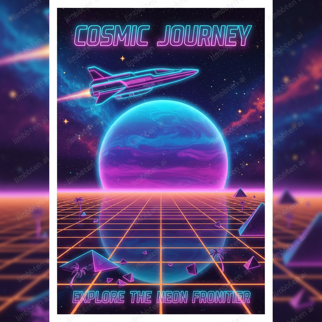 Space Travel Poster 80s Style | Retro Neon Sci-Fi Art with Watermark