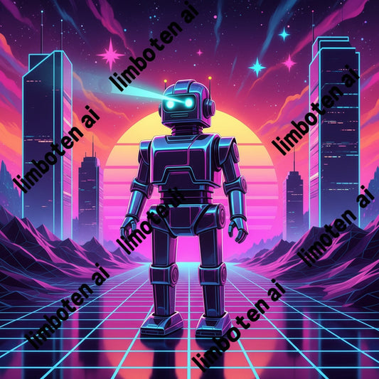 Retro Robot with Chrome Finish | Synthwave Neon Digital Art by limboten ai