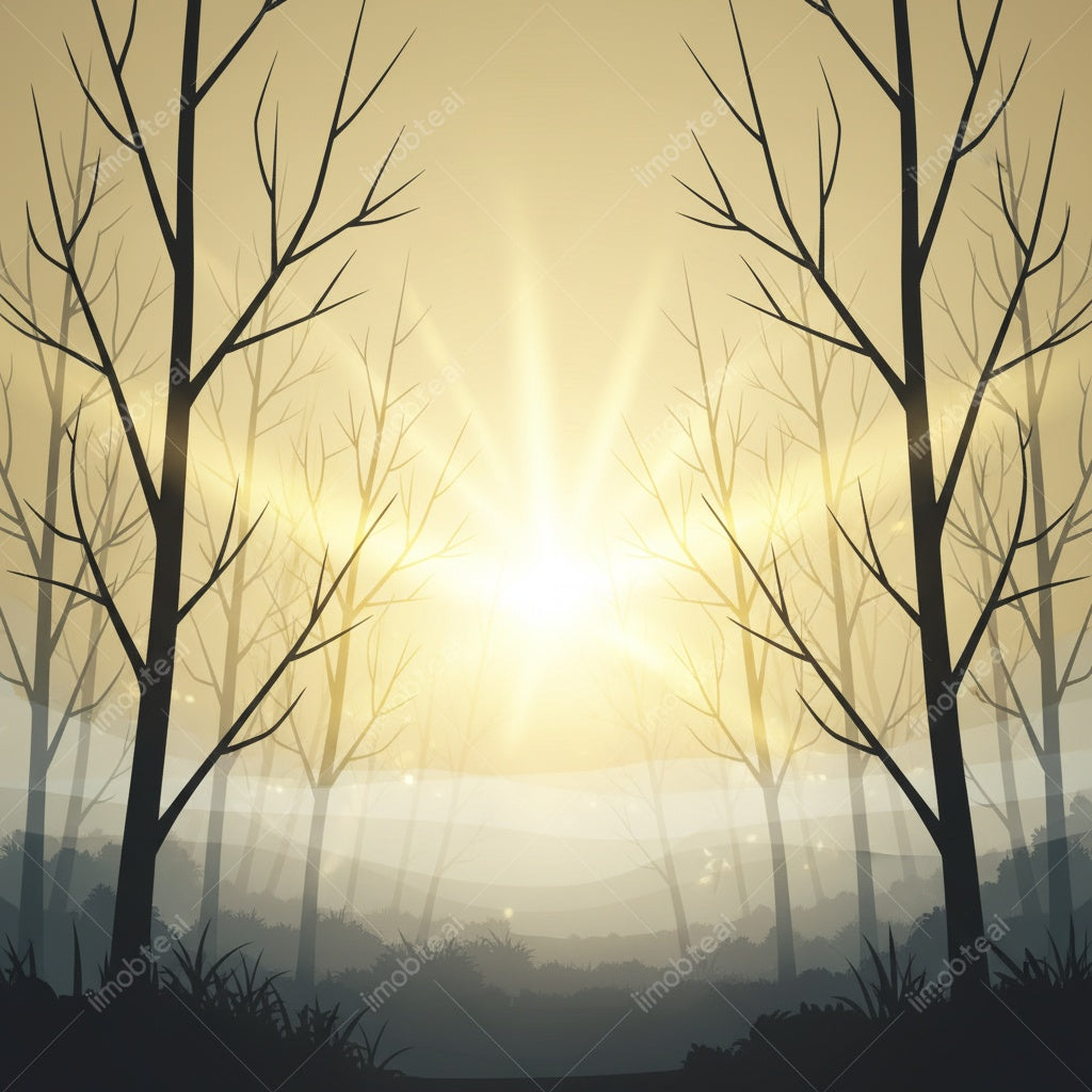 Sunlit Forest Silhouette Illustration | Modern Nature Art with Watermark