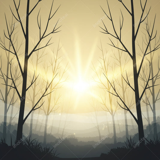 Sunlit Forest Silhouette Illustration | Modern Nature Art with Watermark