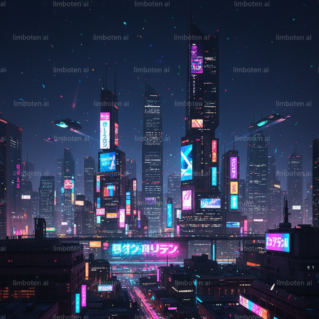 Urban Skyline with Neon Signage | Cyberpunk City Night Poster