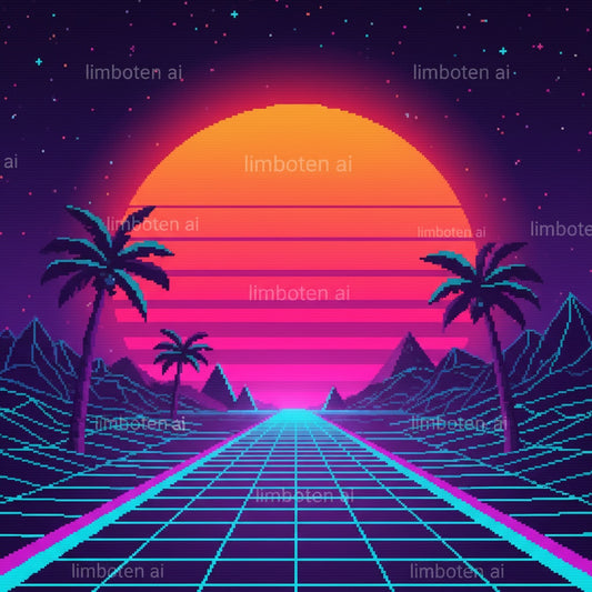Pixel Art Synthwave Sunset | Retro Neon Landscape Poster with White Watermark